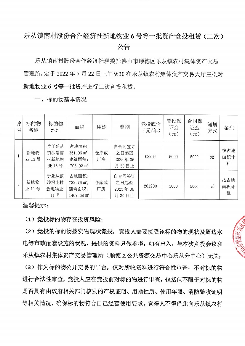 乐从镇南村股份合作经济社新地物业6号等一批资产竞投租赁（二次）公告_页面_1.jpg